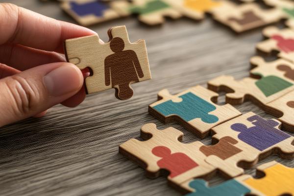 Wooden jigsaw puzzle pieces with outline images of people in bright colours