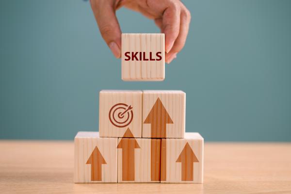 A small pile of wooden blocks with the word "skills" at the top