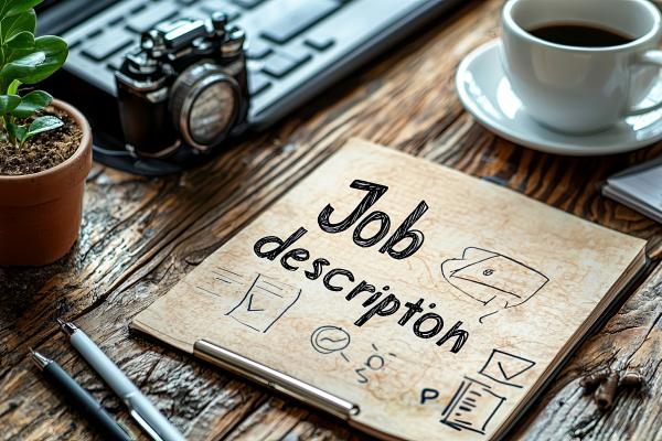 Desk with a job description, plant, and a cup of coffee on it