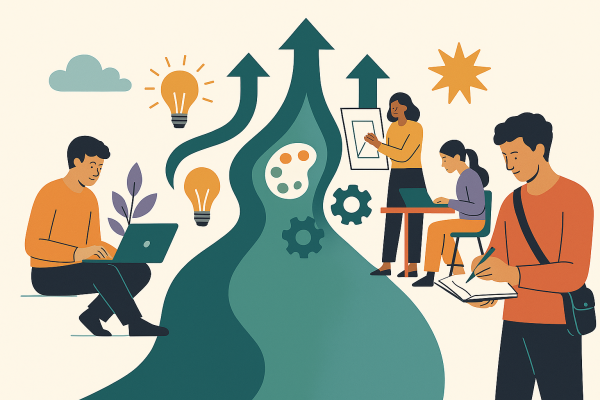 cartoon image of a road pointing forwards, with people learning and growing