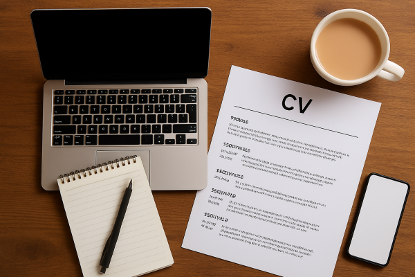 CV, laptop and notepad on a desk