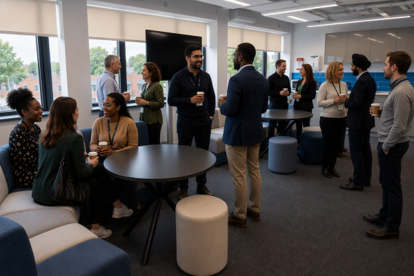 A group of people chatting and networking inside Bloxwich Launchpad