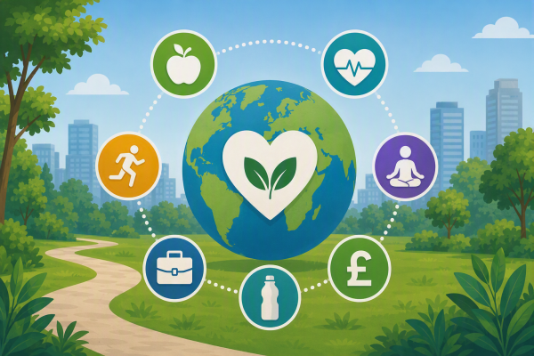 Symbols for healthy lifestyle - food and drink, physical and mental health, employability and money