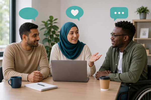 Three people smiling and talking in front of a laptop