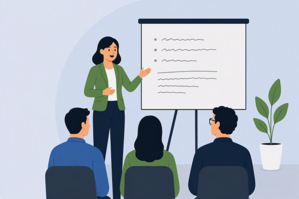 Cartoon of presenter talking to a group