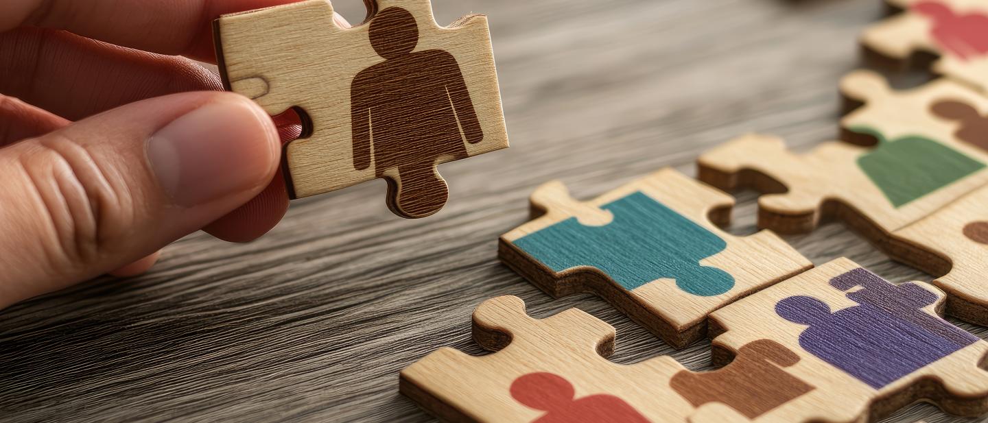 Wooden jigsaw puzzle pieces with outline images of people in bright colours