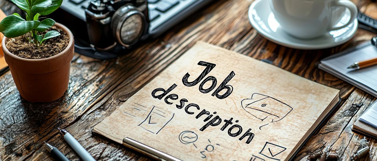 Desk with a job description, plant, and a cup of coffee on it