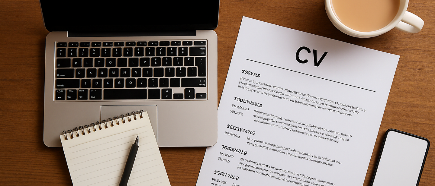 CV, laptop and notepad on a desk