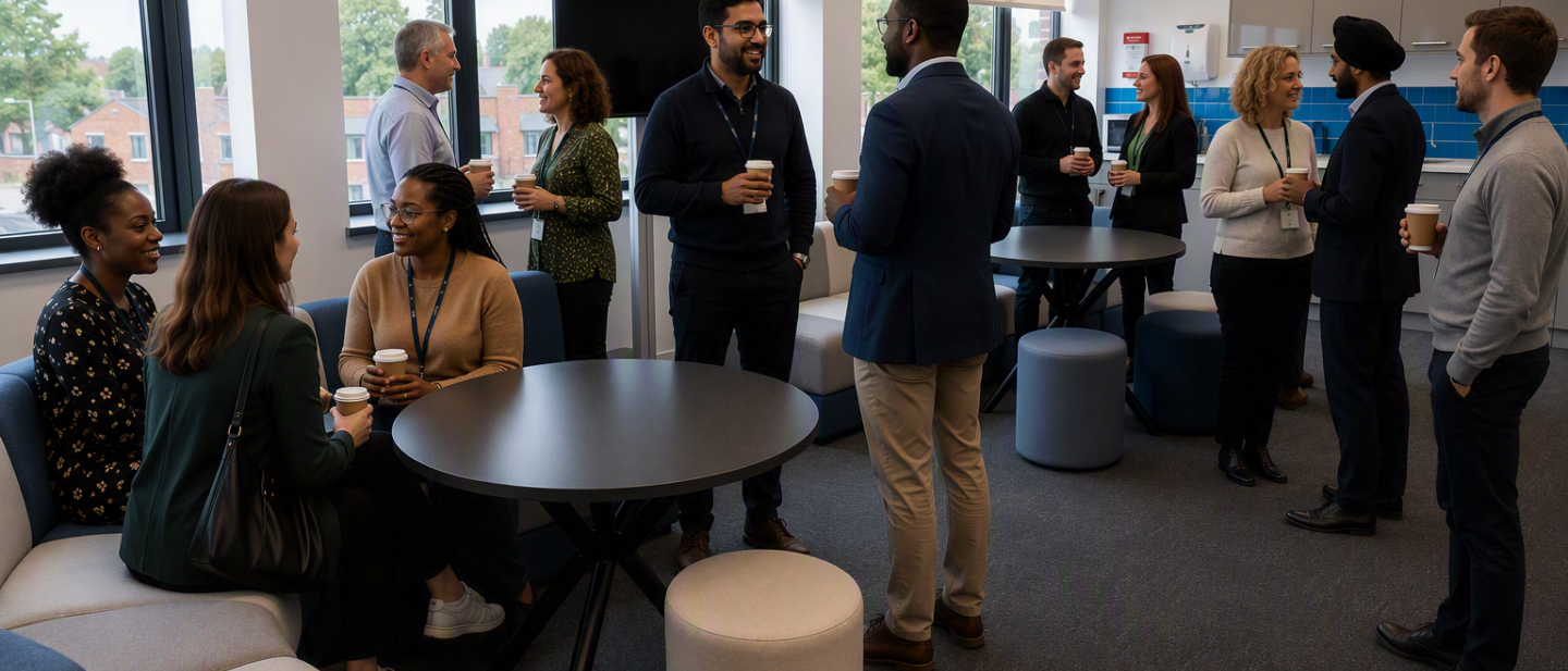 A group of people chatting and networking inside Bloxwich Launchpad