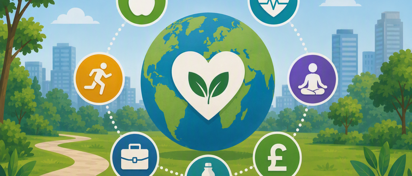 Symbols for healthy lifestyle - food and drink, physical and mental health, employability and money
