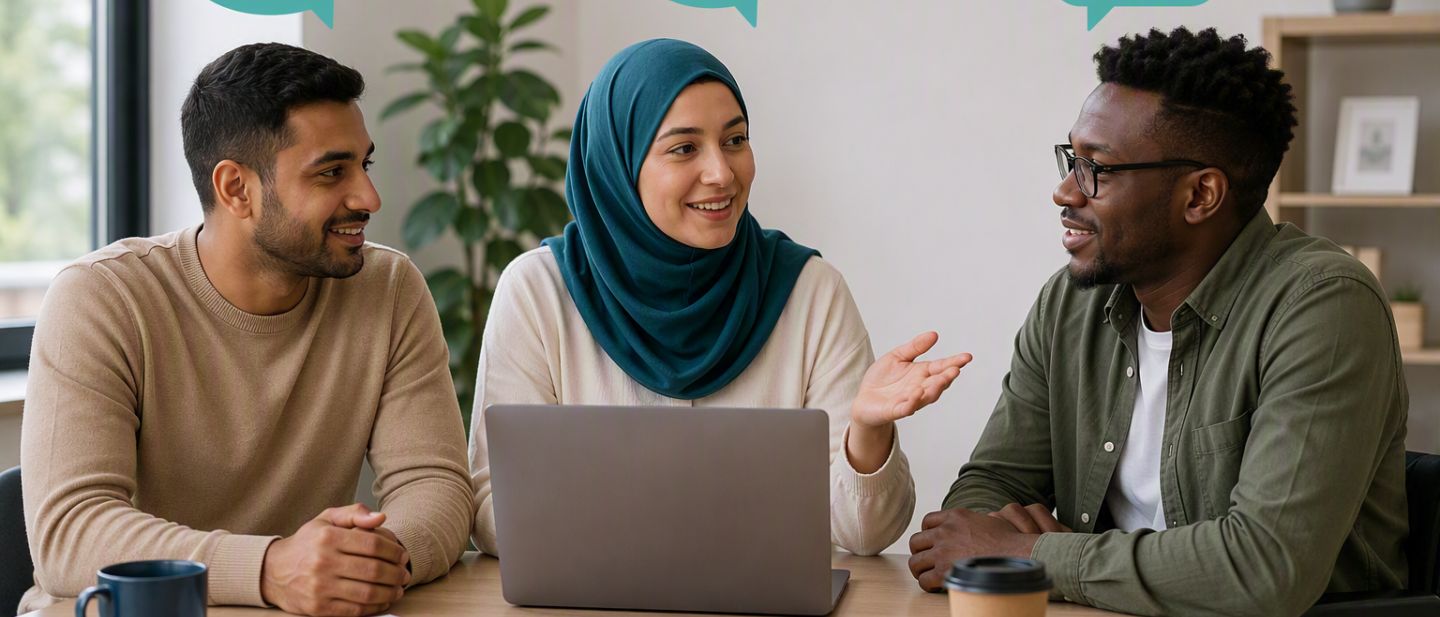 Three people smiling and talking in front of a laptop