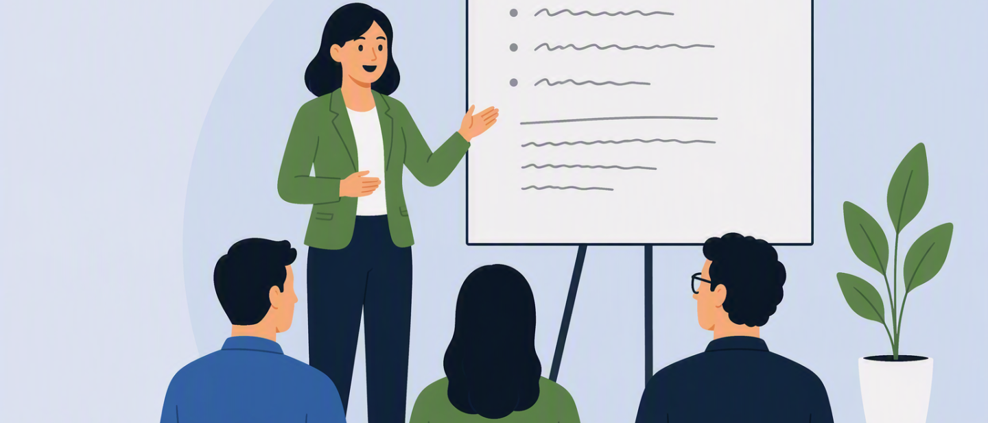 Cartoon of presenter talking to a group